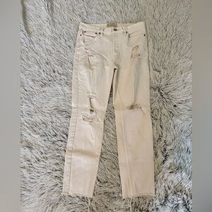 Free People White Straight Leg Jeans with Distressed Details & Lace Underlay